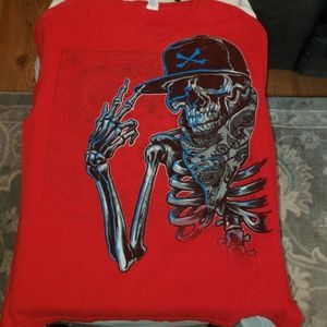 Mens XL red tshirt with skeleton flashing PEACE!!!